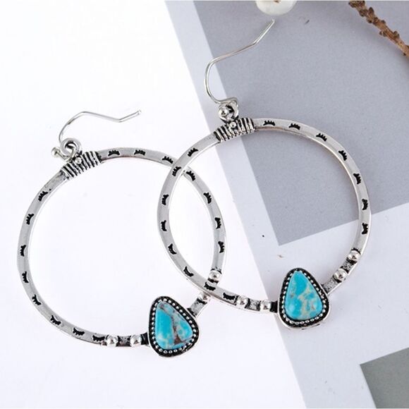Cute Turquoise Hoops Silver Southwest Earrings New - Picture 2 of 5